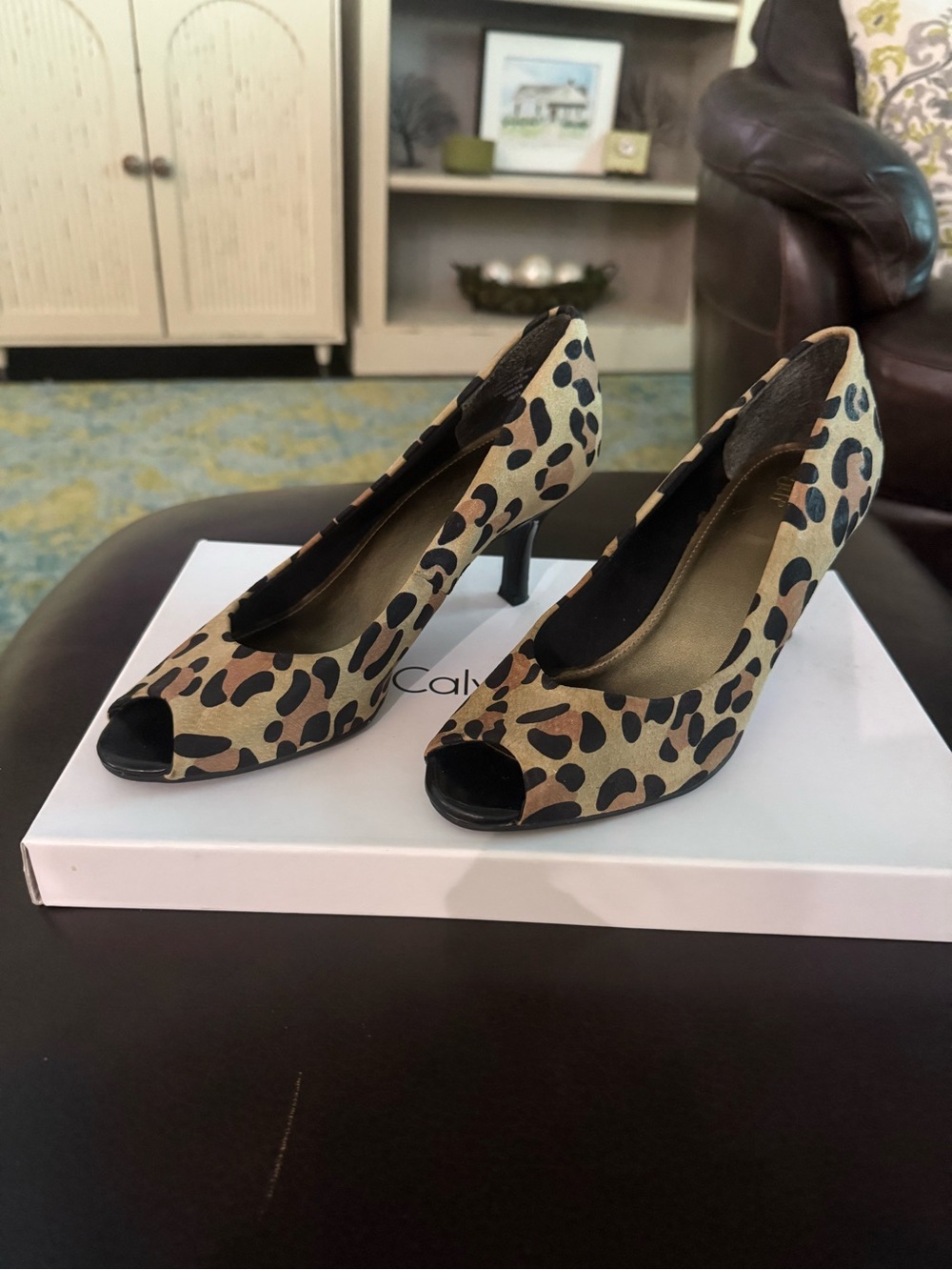 East 5th Leopard Print Peep-Toe Heels - Beige and Black